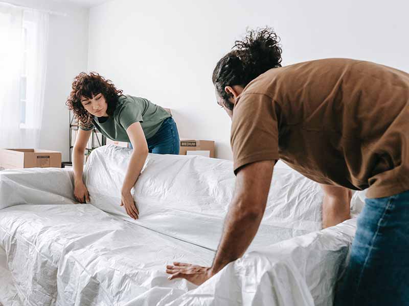 Couple moving plastic-wrapped couch