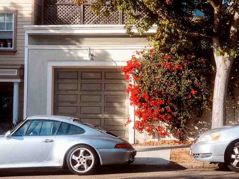 silver car parked on street near garage and flowering tree