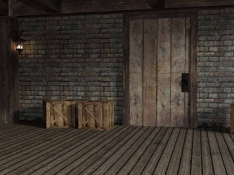 Empty attic with crates and door