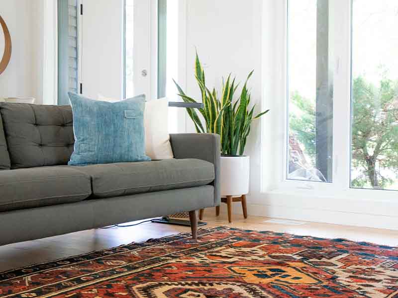 Gray couch and colorful rug