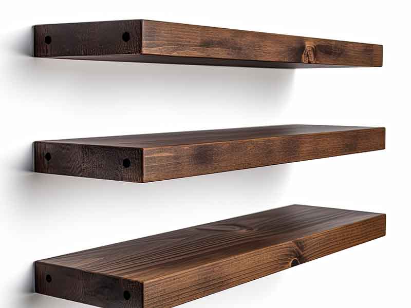 Wooden floating shelves on white wall