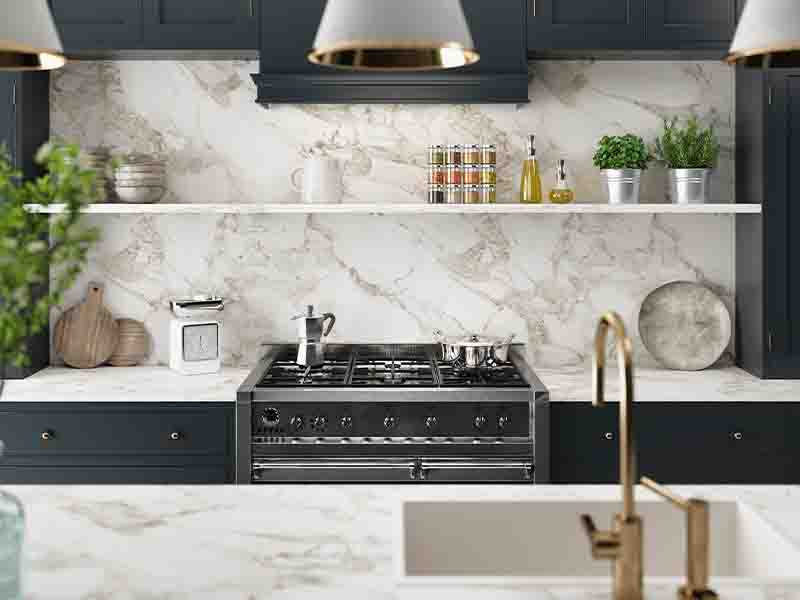 Kitchen with marble and metallic accents