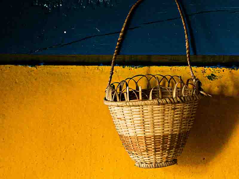 Hanging basket on blue and yellow striped wall.
