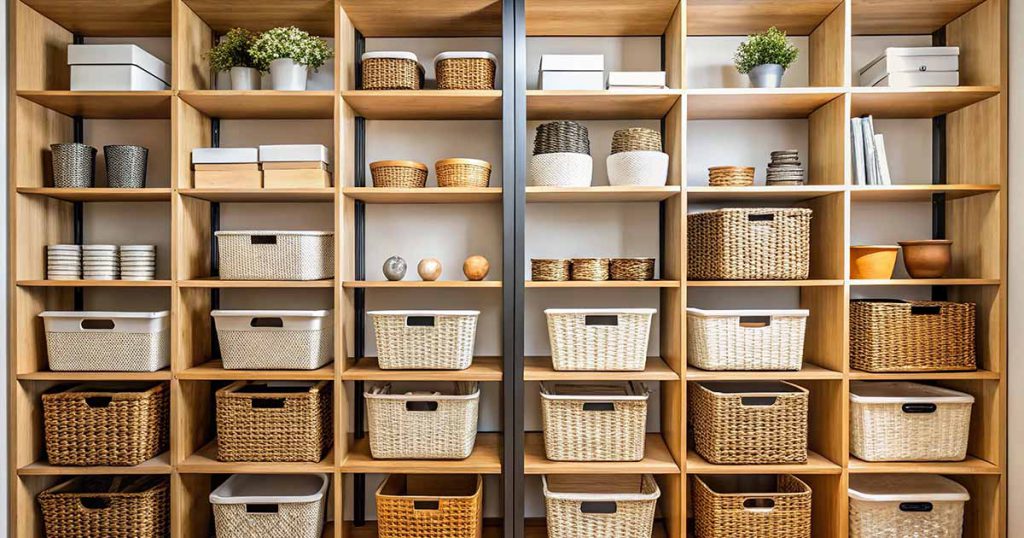 a wall of wicker basket organizers