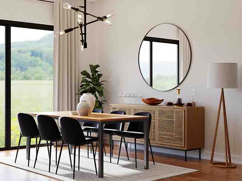 Modern neutral dining room with large windows