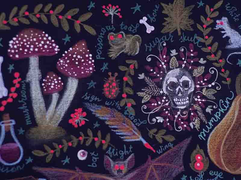 Spooky print with skulls, mushrooms, and feathers