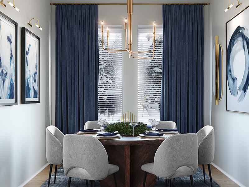Blue curtains in white dining room